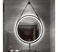 Miroir de salle de bain rond à LED à intensité variable avec sangle en cuir et technologie anti-buée, 3 températures de couleur, fonction mémoire pour une réflexion parfaite