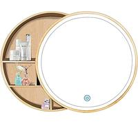 Miroir de Salle de Bain Rond en Bois avec éclairage, Miroir Mural LED pour Salle de Bain, Miroir de Salle de Bain en Bois Massif antibuée/Miroir cosmétique Mural Rond, Bois,
