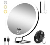Miroir Grossissant 20X 3 Modes Lumière, Rechargeable 15cm 3 Ventouses Support 360°, Pincettes Ciseaux Inclus