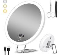 Miroir Grossissant 30X avec Éclairage LED, Rechargeable, Ventouse et Pince, Maquillage et Voyage
