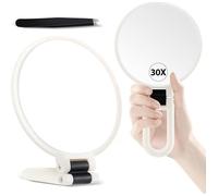Miroir grossissant 30X avec poignée - Miroir de Maquillage à Double Face (1X/30X), Pliable & Portable pour Un Maquillage- Blanc