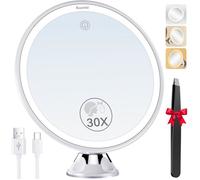 Miroir Grossissant 30x Lumineux - Rechargeable avec 3 Modes D'éclairage LED - Ventouse d'attache Ajustable à 360°