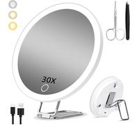 Miroir grossissant avec lumière 30X, 15cm 3 Modes de Couleur Dimming ,avec 3 Ventouses et Support de Table 360°, Blanc