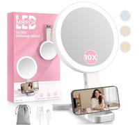 Miroir Grossissant Lumineux 10X/1X Double Face Pliable Portable pour Voyage | Éclairage réglable en trois teintes, Variateur d'intensité tactile, Mural ou à poser, Idéal pour voyage et chambre à coucher