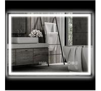 Miroir LED de salle de bain 80 x 60 cm en verre gris, Bluetooth, horloge, anti-buée, commande tactile
