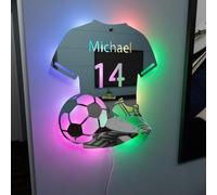 Miroir lumineux personnalisé en jersey de football avec panneau de nom Cadeau de Noël et d’anniversaire pour enfants, papas et amateurs de football (30 x 35 cm)