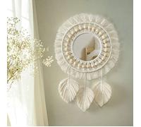 Miroir mural bohème - Nosheir - Franges en macramé - Pendentif en plumes - Diamètre total 32cm - Diamètre miroir 16cm