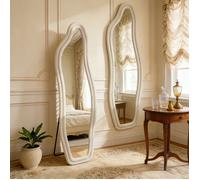 Miroir Mural Miroir Sur Pied 160 x 50 cm - Cadre en Velours - Miroir Vague - Forme Irrégulière - Grand Miroir Asymétrique - Blanc