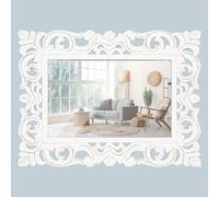 Miroir mural rectangulaire décoratif sculpté à la main avec cadre en bois, miroir rustique vintage de campagne pour salle de bain, chambre à coucher, salon, toilettes - 45,7 x 61 cm, blanc antique