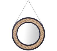 Miroir Mural Rond Boho en Rotin Clair 70 cm Cadre en Métal Noir avec Sangle Camb