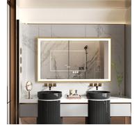 Miroir Mural Salle de Bain LED Anti-Buée Cadre Complet Finition Givrée avec Interrupteur Tactile - Doré 100 x 60 cm
