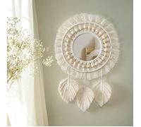 Miroir mural suspendu avec franges en macramé, décoration ronde, style bohème antique, avec perles en bois et pendentif en plumes