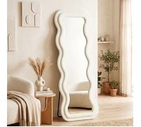 Miroir pleine longueur - HOMCOM - 160 x 60 cm - miroir ondulé sur pied ou mural - cadre effet velours et verre trempé - crème