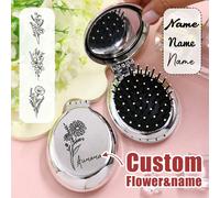 Miroir pliant personnalisé avec peigne et fleur de naissance, miroir compact personnalisé avec brosse pour le maquillage de voyage et l'utilisation quotidienne, mini peigne miroir élégant pour le sac 