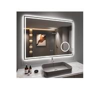 Miroir Salle de Bain 80x60cm avec 3X Loupe, 45W Miroir Anti-buée avec éclairage, Prise pour Rasoir, Miroir Salle de Bain Dimmable et 3 Couleurs