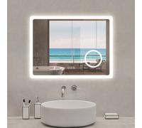 Miroir salle de bain bluetooth + loupe + horloge + tricolore + anti-buée 80x60cm dimmable,mémoire,tactile,led
