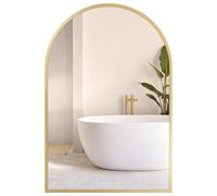 Miroir Salle de Bain, Miroir Mural Arqué, Cadre en Aluminium, 91 x 61 cm, avec Film de sans risque, Montage Facile, pour Salon, Chambre, Salle de Bain, Doré Clair Excellente clarté : Avec une réflecti
