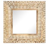 Miroir sculpté à la main en bois de manguier massif 50 x 50 x 2,6 cm avec finition naturelle, miroir mural pour salle de bain, chambre à coucher, couloir, cadre décoratif, autoportant et montage mural