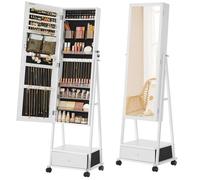 Miroir sur pied, armoire à bijoux, miroir pour tout le corps, armoire à glace, verrouillable, avec tiroir, roulettes, idée cadeau, blanc