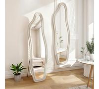 Miroir sur Pied irrégulier 140 x 45cm, Miroir sur Pieds Chambre, Miroirs Vague Bordure Velours, Suspendable Miroirs en Pied, Vérifiez L'ensemble Tenue, Détails Vêtements Maquillage (Blanc, 140*45cm)