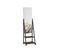 Miroir sur pied rectangulaire avec roulettes angle réglable 2 étagères dim. 42L x 37l x 155H cm verre bois rustique noir