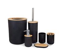 MisFox Lot de 6 accessoires de salle de bain en bambou et respectueux de l'environnement avec distributeur de lotion, poubelle, support de brosse à dents, gobelet à dents, brosse WC et porte-savon