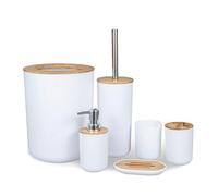 MisFox Set Accessoires Salle de Bain, 6 Pièces Accessoire pour Salle en Bambou avec Distributeur Savon, Porte Brosse à Dents, Brosse Toilettes WC, Porte Savon, Poubelle(40L) et Gobelet Brosse à Dent