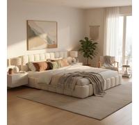 MISNODE Cadre de Lit Bubble 140x190, Lit Double Rembourré 140 x 190 cm, Lit Capitonné avec Sommier à Lattes et Dossier Doux, pour Adolescent, Lin, Beige, sans Matelas(140 x 190 cm Beige-A02)