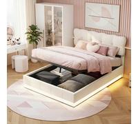 MISNODE Lit rembourré 140 x 190 / 140 x 200 / 160 x 200 cm, lit hydraulique à lattes, lit enfant, lit double, lit junior avec rangement, beige, velours, convient aux adultes et aux adolescents Velours