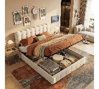 MISNODE Lit rembourré 140 x 190 / 140 x 200 / 160 x 200 cm, lit hydraulique avec sommier à lattes, lit enfant, lit double, lit jeune avec rangement, beige, velours, convient aux adultes et adolescents