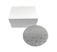 Miss Bakery's House® Cake Box et panneau MDF - set - boîte de transport 30x30x15 cm - blanc - avec base à gâteau ronde stable en fibre de bois - Ø 30 cm - argenté