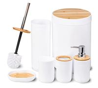 MissFox 6 Pièces Ensemble Salle de Bain Accessoire, Accessoire Salle de Bain en Bambou, Set Salle de Bain avec Distributeur de Savon, Poubelle, Brosse de Toilette, Porte-Brosse à Dents, Porte-Savon