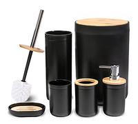 MissFox 6 Pièces Ensemble Salle de Bain Accessoire, Accessoire Salle de Bain en Bambou, Set Salle de Bain avec Distributeur de Savon, Poubelle, Brosse de Toilette, Porte-Brosse à Dents, Porte-Savon