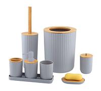 MissFox 8 Pièces Ensemble d'accessoires de Salle de Bain, Ensemble Salle de Bain Accessoire en Bambou, Distributeur de Savon, Poubelle, Brosse de Toilette, Porte-Brosse à Dents, Gobelet, Porte-Savon