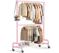 MISSLO Double porte-vêtements sur roulettes, tringle à vêtements pour | Chariot à vêtements portable stable et résistant en métal avec hauteur réglable pour vêtements, autoportant, rose