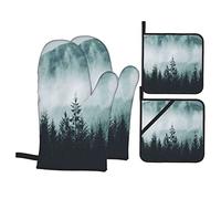 Mitaines de Four et maniques Gants de Cuisine Forêt avec Motif de Montagnes Mitaines de Four et maniques pour Cuisine (Ensemble de 4 pièces)