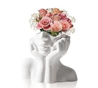 Mitening Vase visage en céramique blanche - Vase à fleurs moderne pour arrangement floral sec, décoration de chambre à coucher
