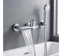 Mitigeur Baignoire, Cascade à 2 Becs, Robinet Douche Thermostat en Laiton avec Douchette 3 Jets, Flexible 1,5m, Support Douchette et Kit d'Installation Complet, Finition Chromée, pour Salle de Bains