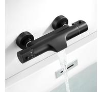 Mitigeur Baignoire Thermostatique Bain Douche Bec Cascade Noir en Laiton | Robinet Baignoire Thermostatique avec Bouton de Sécurité à 38℃, Mural Robinet de Douche avec 2 Sorties d'eau, Entraxe 150mm