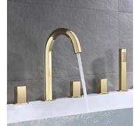 Mitigeur bain/douche en laiton à 5 trous, double levier, montage sur pont | Douchette à main finition or rose incluse Cartouche à disque en céramique aérateur nid d'abeille facile à installer double
