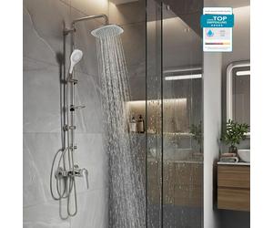 Mitigeur de douche GROHE BauEdge, système de douche avec mitigeur monocommande et douchette BELVIT, douche à effet pluie, barre de douche, flexible de 1,5 m et porte-savon, chrome