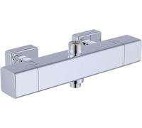 Mitigeur de douche thermostatique, 2 sorties, forme rectangulaire, finition chrome. Doté d'une sécurité anti-brûlure à 38°C, en laiton, avec cartouche, raccordement 3/4" en haut et 1/2" en bas, distan