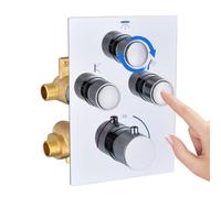 Mitigeur de douche thermostatique 3 voies dissimulé - Vanne inverseur chromée à 3 sorties avec bouton poussoir, débit et température réglables, fonctionnement simultané