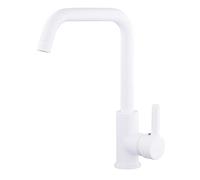 Mitigeur d'évier haut bec L finition Blanc Mat COLORADO by Eurosanit | cartouche céramique 35 mm avec butée à point dur (économie d'eau) | Corps et poignée métal | 2 flexibles inox F3/8
