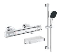 Mitigeur douche thermostatique Precision Feel + Ensemble de douche 2 jets avec barre + Panier douche