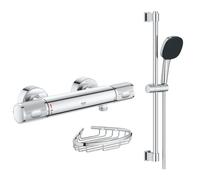 Mitigeur douche thermostatique Precision Feel + Ensemble de douche 2 jets avec barre + Panier porte-savon