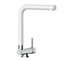 Mitigeur evier robinet cuisine bec pivotant 360° et rabattable à 4,5 cm pour un évier positionné devant une fenêtre - Quartz Blanc