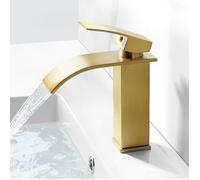 Mitigeur lavabo cascade doré brossé en laiton - Robinet salle de bain bec 107 mm 1 poignée