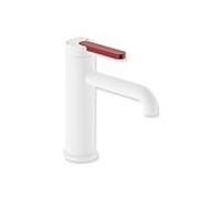 Mitigeur lavabo monocommande Hewi AQ477 AQ1.12M1146033, saillie de 130 mm, sans bonde, finition PVD blanc mat profond, poignée rouge rubis