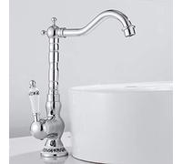 Mitigeur lavabo retro poignées en céramique pivotant à 360°, Robinet cuisine antique en laiton chromé avec bec haut, Robinet chaud et froid pour salle de bain (Chrome)